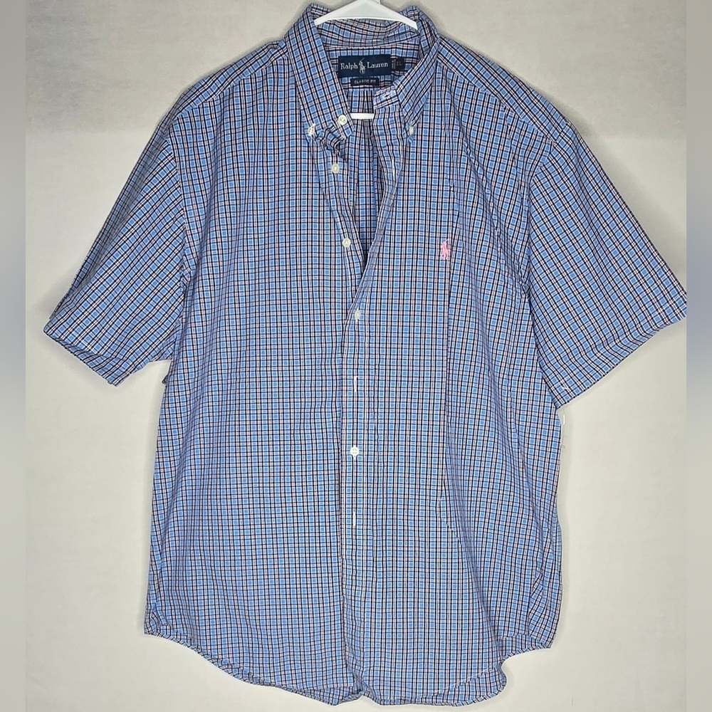 Polo Ralph Lauren Classic Fit Blue Plaid Short Sleeve Button Up Shirt Size XL - Picture 1 of 5